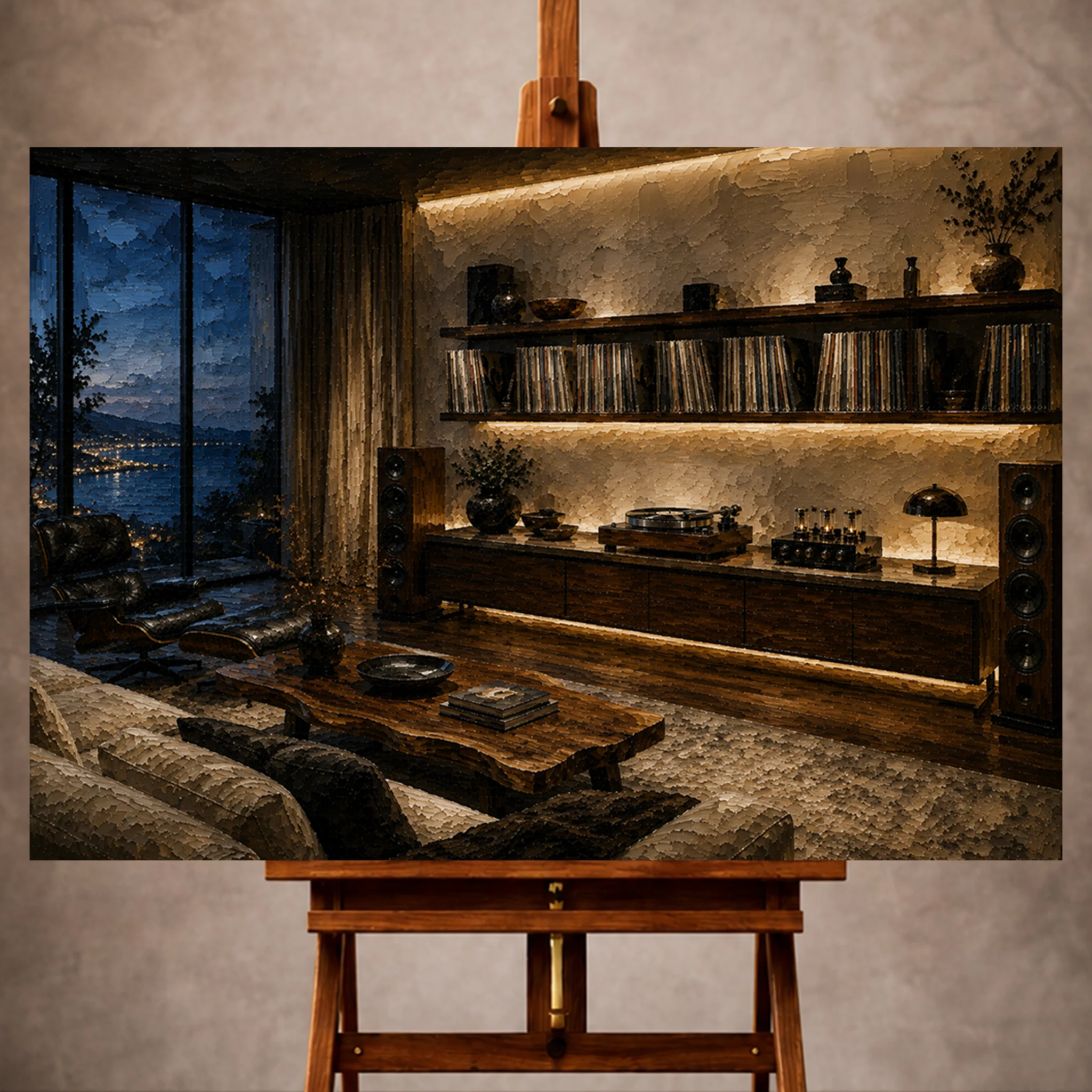 Premium Wall Art Yatay Html Edition – Music074 Image 1 Contemporary Vinyl Record Wall Art print featuring a modern listening salon with walnut shelves and record player for elegant interiors