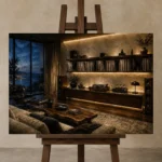 Contemporary Walnut Vinyl Record Wall Art Canvas Print displayed on a studio easel