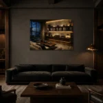 Contemporary Walnut Vinyl Record Wall Art Canvas Print shown in a warm modern interior