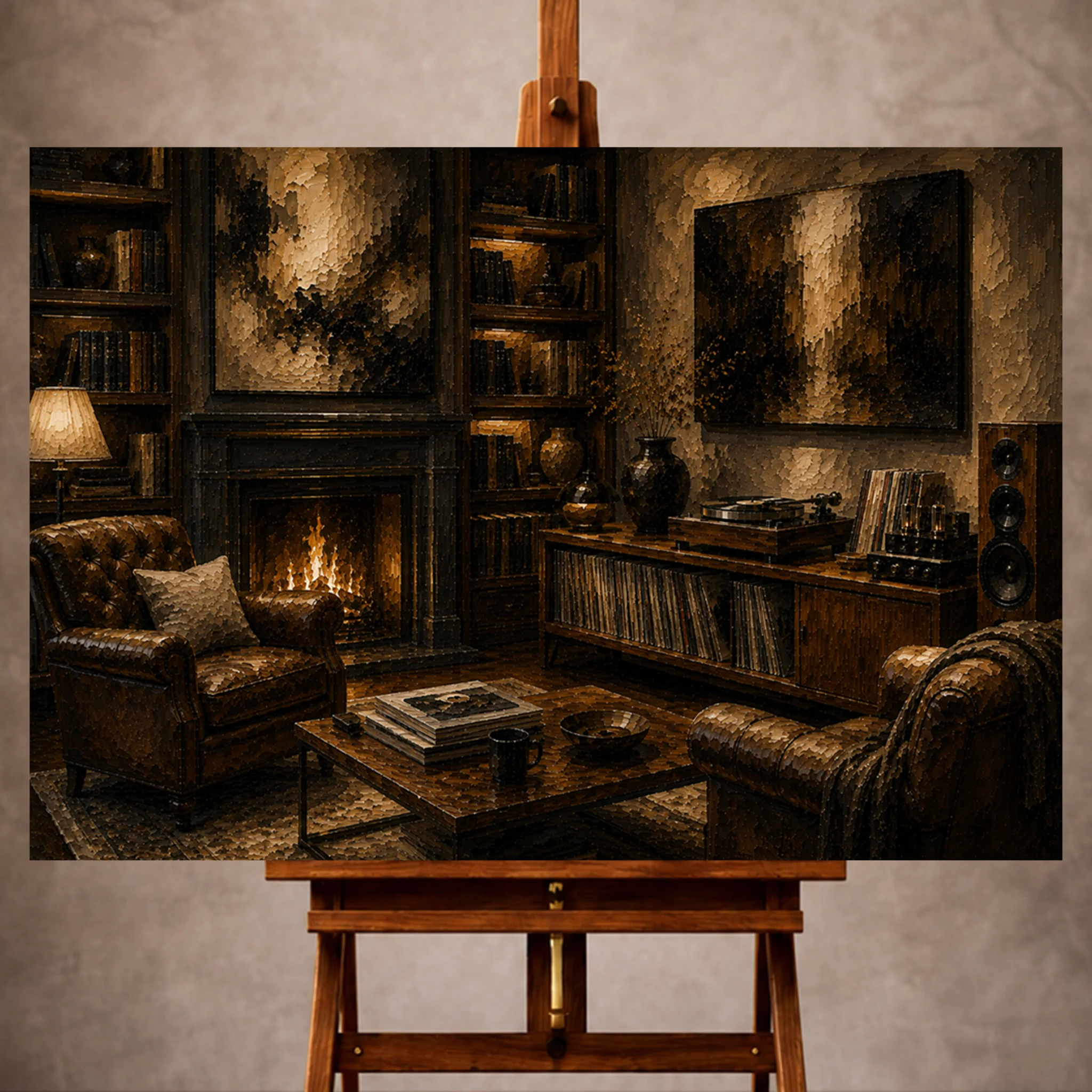 Premium Wall Art Yatay Html Edition – Music075 Image 1 Classic Vinyl Record Wall Art print featuring a reading room with turntable, bookshelves, and fireplace for elegant interiors