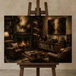 Classic Library Vinyl Record Wall Art Canvas Print displayed on a studio easel