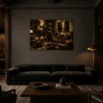 Classic Library Vinyl Record Wall Art Canvas Print shown in a warm modern interior