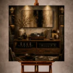 Timeless Vinyl Record Wall Art print featuring a vintage turntable and walnut console for elegant interiors