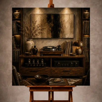 Timeless Vinyl Record Wall Art print featuring a vintage turntable and walnut console for elegant interiors