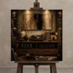Timeless Walnut Vinyl Record Wall Art Canvas Print displayed on a studio easel