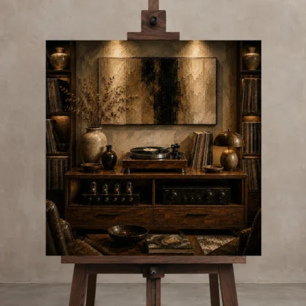 Timeless Walnut Vinyl Record Wall Art Canvas Print displayed on a studio easel