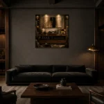 Timeless Walnut Vinyl Record Wall Art Canvas Print shown in a warm modern interior