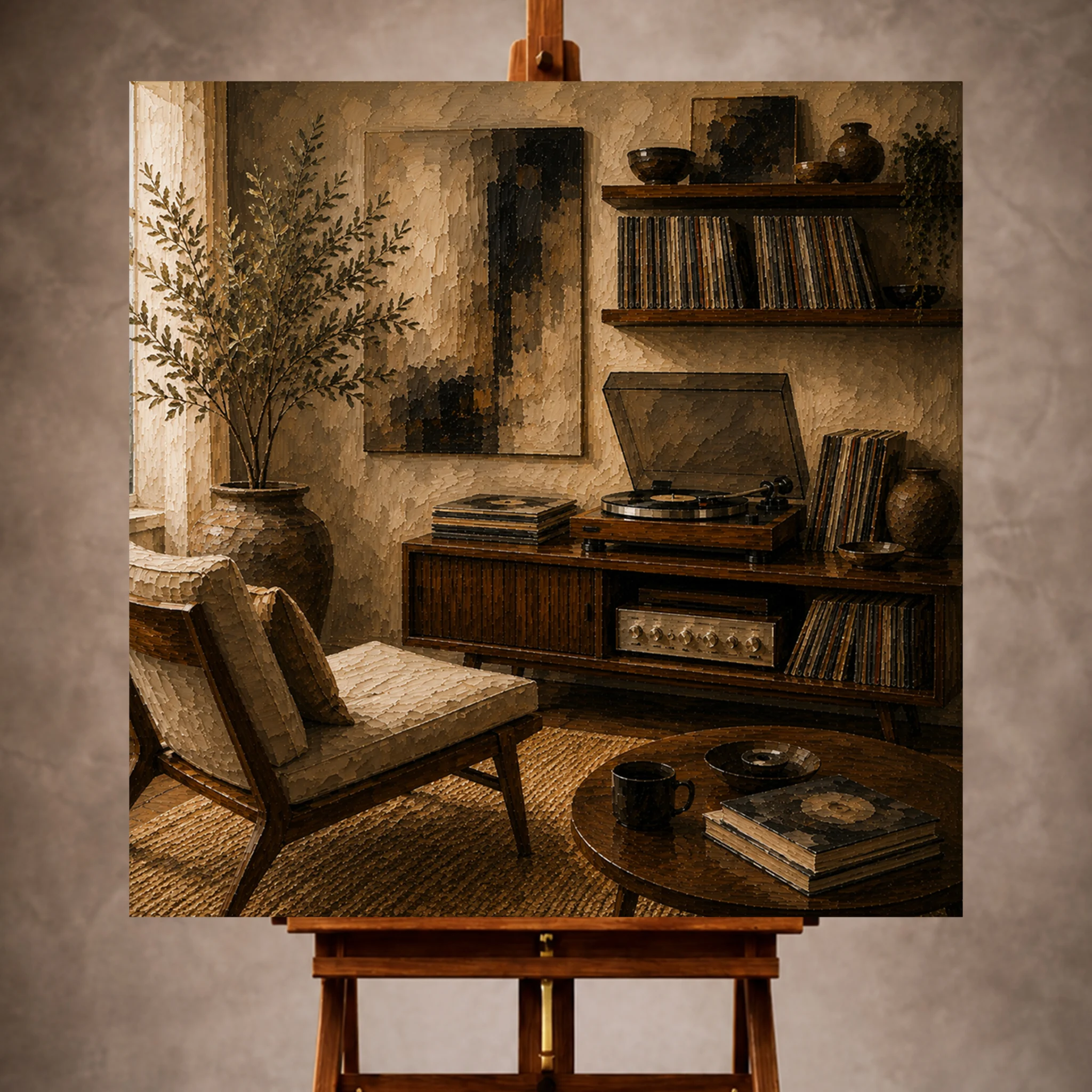 Premium Wall Art Kare Html Edition – Music077 Image 1 Mid-Century Vinyl Record Wall Art print featuring a listening room with record player and walnut shelves for elegant interiors