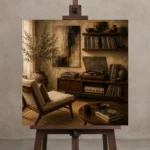 Mid-Century Vinyl Record Wall Art Canvas Print displayed on a studio easel