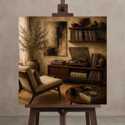 Mid-Century Vinyl Record Wall Art Canvas Print displayed on a studio easel