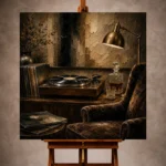 Executive Vinyl Record Wall Art print featuring a spinning record, turntable, and luxury décor for elegant interiors