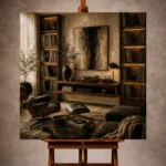 Luxury Vinyl Record Wall Art print featuring a music library with walnut shelves and premium turntable for elegant interiors