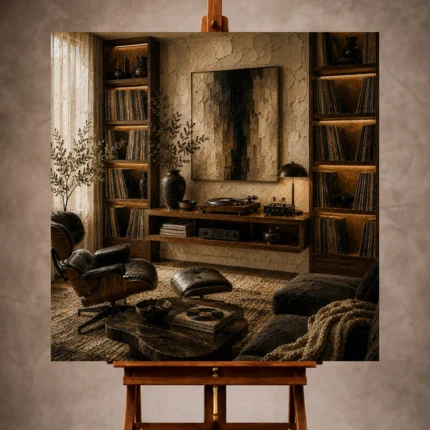 Luxury Vinyl Record Wall Art print featuring a music library with walnut shelves and premium turntable for elegant interiors