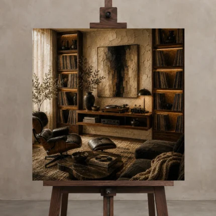 Luxury Music Library Vinyl Record Wall Art Canvas Print displayed on a studio easel