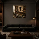 Luxury Music Library Vinyl Record Wall Art Canvas Print shown in a warm modern interior
