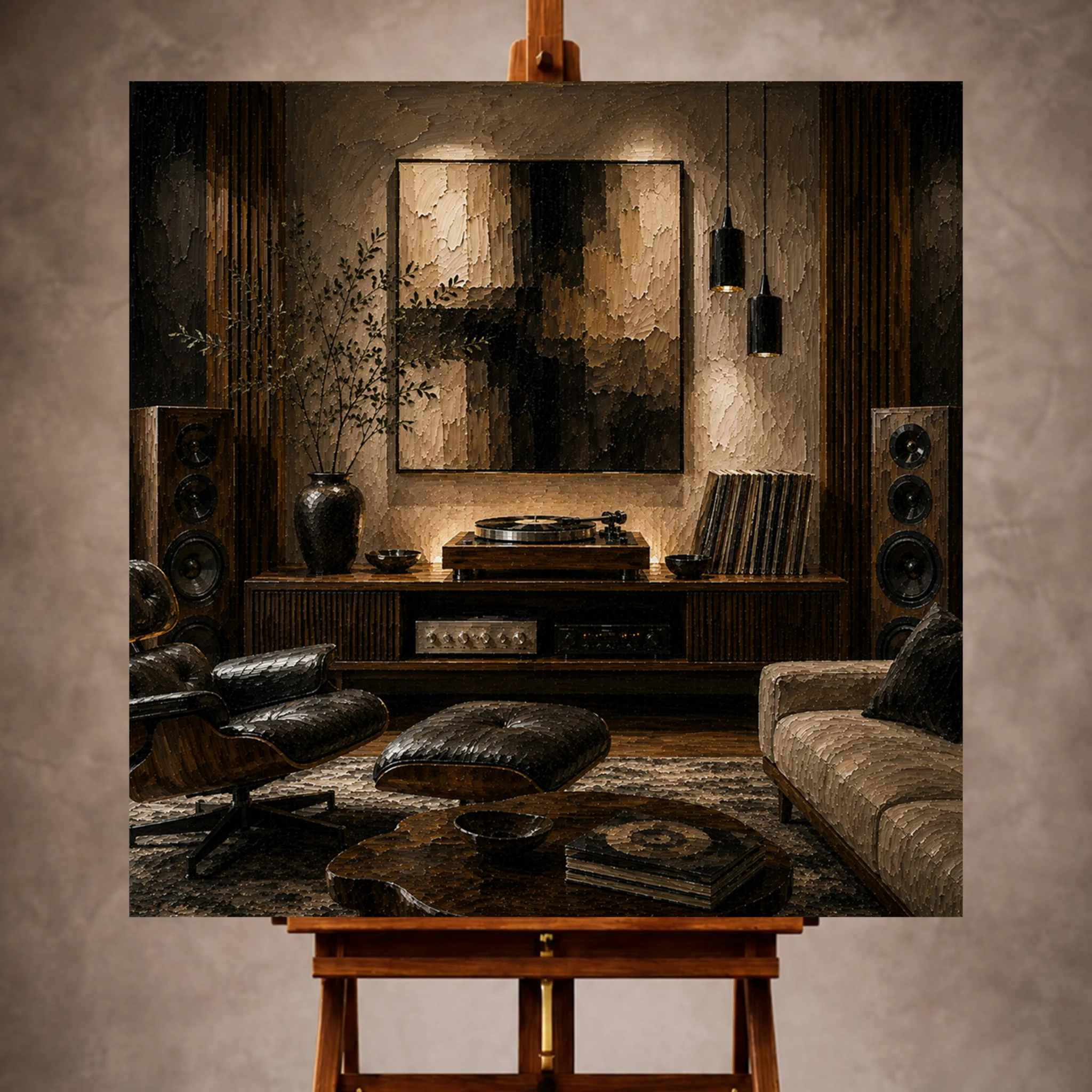 Premium Wall Art Kare Html Edition – Music080 Image 1 Contemporary Vinyl Record Wall Art print featuring an audiophile sanctuary with turntable and acoustic panels for elegant interiors