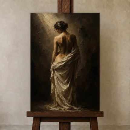 Veiled Back Figure Study Classical Nude Wall Art Canvas Print shown in Studio Easel