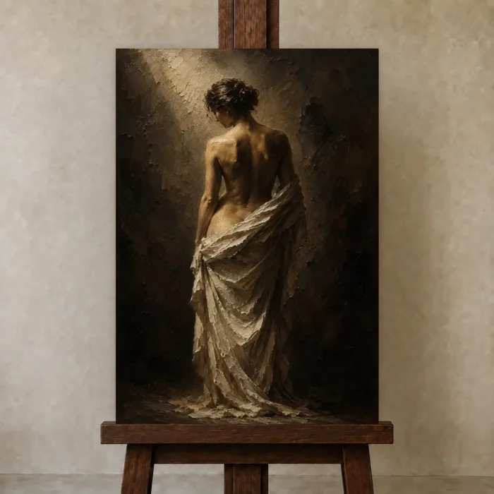 Veiled Back Figure Study Classical Nude Wall Art Canvas Print displayed on a studio easel