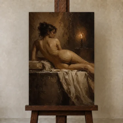 Candlelit Reclining Figure Study Classical Nude Wall Art Canvas Print shown in Studio Easel