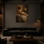 Candlelit Reclining Figure Study Classical Nude Wall Art Canvas Print shown in a warm modern interior