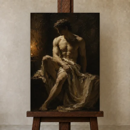Candlelit Male Figure Study Classical Nude Wall Art Canvas Print shown in Studio Easel