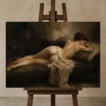 Resting Reclining Figure Study Classical Nude Wall Art Canvas Print displayed on a studio easel