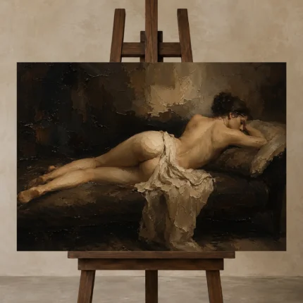 Resting Reclining Figure Study Classical Nude Wall Art Canvas Print displayed on a studio easel