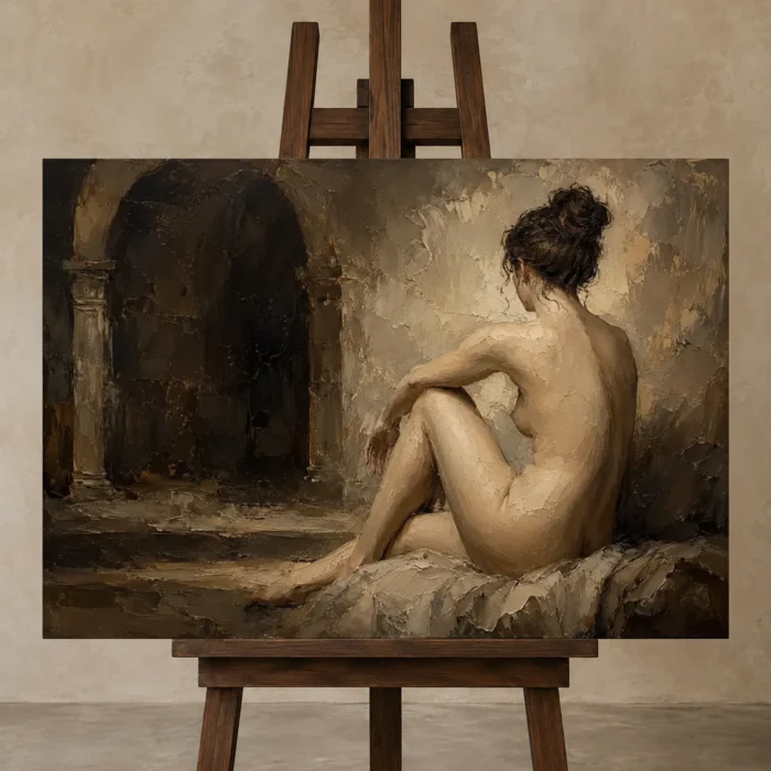 Archway Seated Figure Study Classical Nude Wall Art Canvas Print displayed on a studio easel