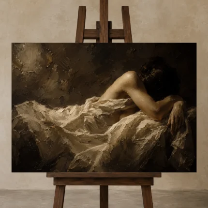 Sleeping Draped Figure Study Classical Nude Wall Art Canvas Print displayed on a studio easel