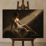 Diagonal Light Figure Study Classical Nude Wall Art Canvas Print displayed on a studio easel