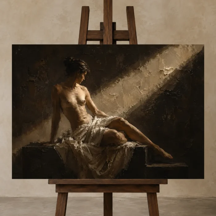 Diagonal Light Figure Study Classical Nude Wall Art Canvas Print displayed on a studio easel