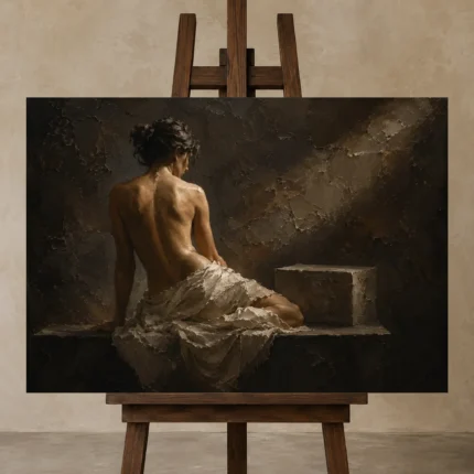 Stone Plinth Back Figure Study Classical Nude Wall Art Canvas Print displayed on a studio easel