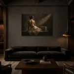 Stone Plinth Back Figure Study Classical Nude Wall Art Canvas Print shown in a warm modern interior