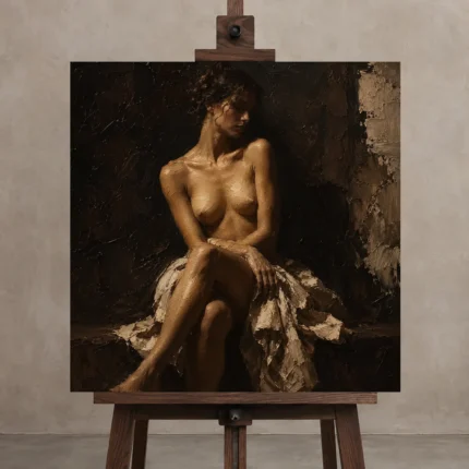 Seated Shadow Figure Study Classical Nude Wall Art Canvas Print displayed on a studio easel