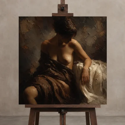 Shadowed Drapery Figure Study Classical Nude Wall Art Canvas Print displayed on a studio easel