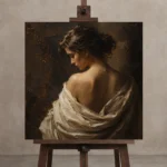 Ivory Draped Shoulder Figure Study Classical Nude Wall Art Canvas Print displayed on a studio easel