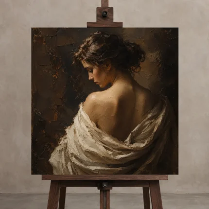 Ivory Draped Shoulder Figure Study Classical Nude Wall Art Canvas Print displayed on a studio easel