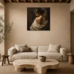 Ivory Draped Shoulder Figure Study Classical Nude Wall Art Canvas Print presented in a sophisticated home setting