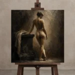 Standing Back Figure Study Classical Nude Wall Art Canvas Print displayed on a studio easel