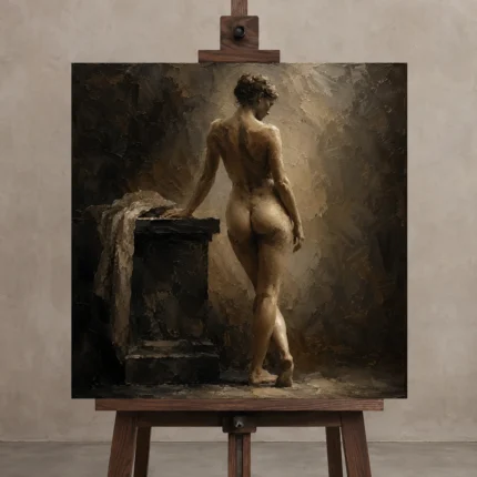 Standing Back Figure Study Classical Nude Wall Art Canvas Print displayed on a studio easel