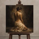 Kneeling Draped Figure Study Classical Nude Wall Art Canvas Print displayed on a studio easel