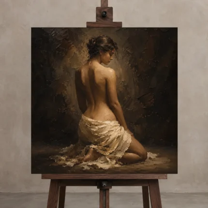 Kneeling Draped Figure Study Classical Nude Wall Art Canvas Print displayed on a studio easel