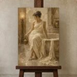 Seated Bath Muse Classical Nude Wall Art Canvas Print displayed on a studio easel