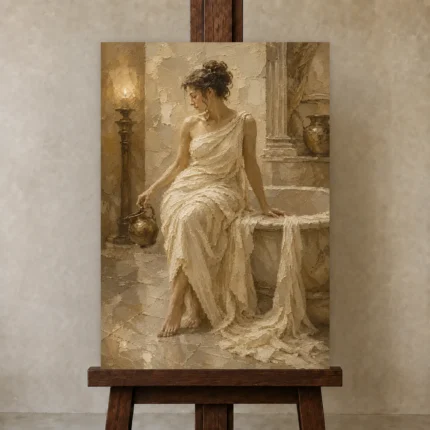 Seated Bath Muse Classical Nude Wall Art Canvas Print shown in Studio Easel