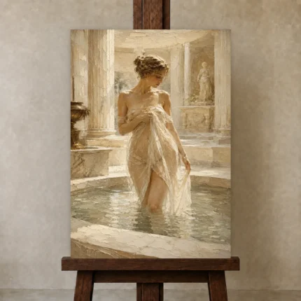 Sunlit Roman Bath Classical Nude Wall Art Canvas Print shown in Studio Easel