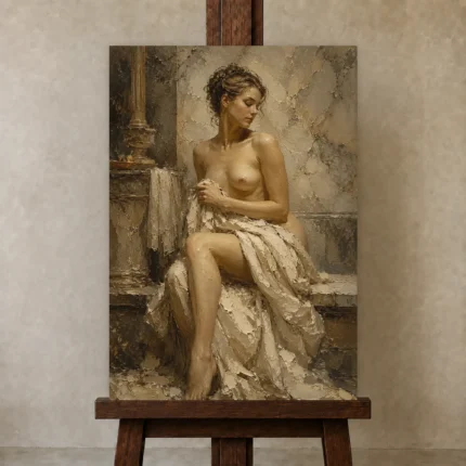 Seated Marble Bath Classical Nude Wall Art Canvas Print shown in Studio Easel