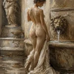 Lion Fountain Bath Classical Nude Wall Art Canvas Print