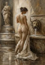 Lion Fountain Bath Classical Nude Wall Art Canvas Print