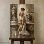 Lion Fountain Bath Classical Nude Wall Art Canvas Print displayed on a studio easel