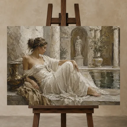 Reclining Bath Muse Classical Nude Wall Art Canvas Print displayed on a studio easel